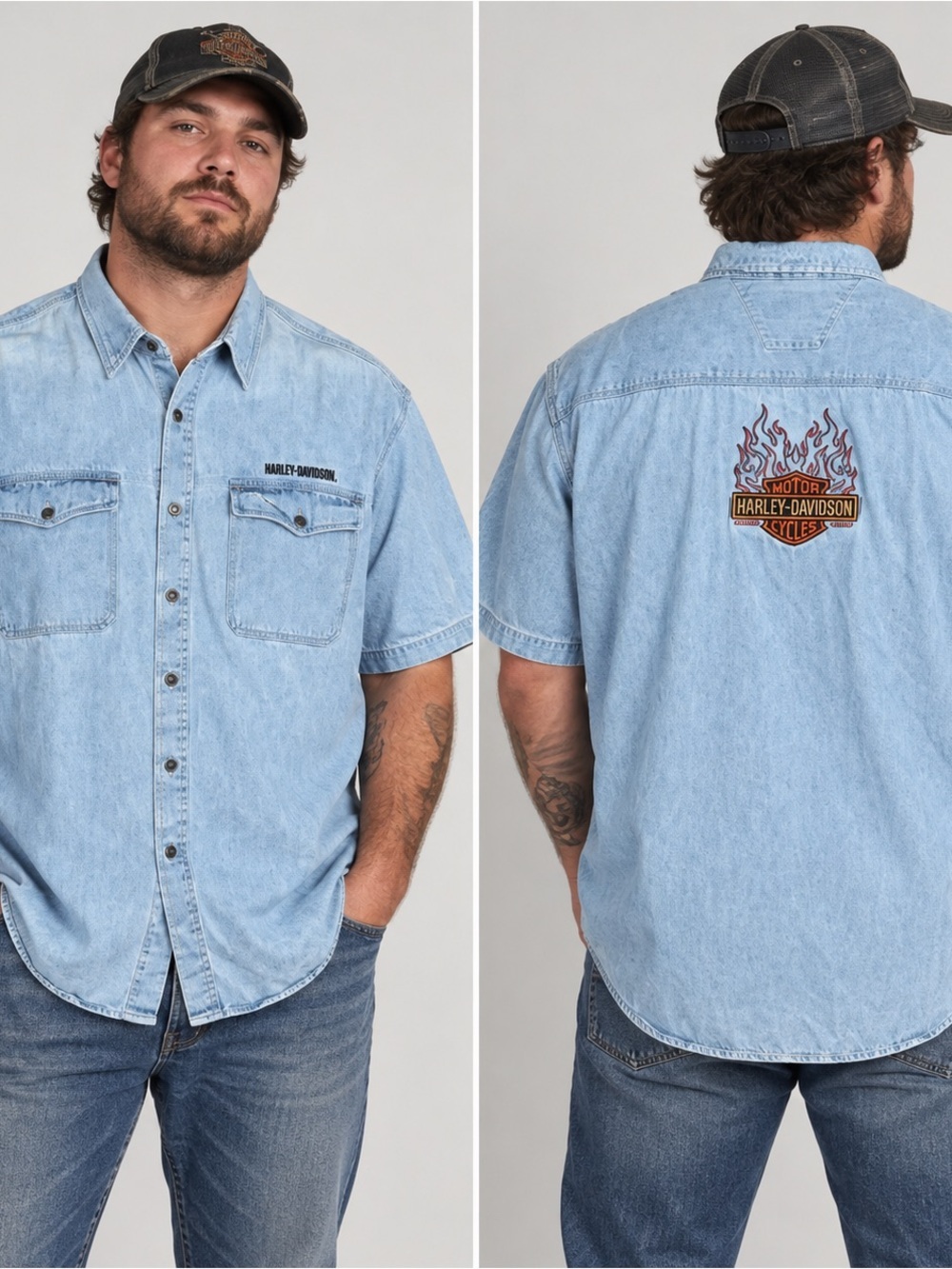 VTG Harley Davidson Denim Shirt Men XXL Short Sleeve Embroidered Flame Logo Back